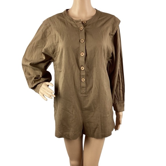 Free People Leyla Button Front Long Sleeve Romper XS Otter Brown - Picture 1 of 7